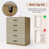 [Oak+Cashmere] Feature graphic demonstrating the wall-mounting Anti-Tip Kit for the Oak Cashmere Chest.