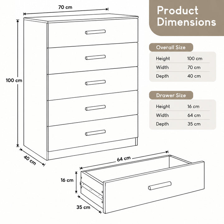 [Oak+Cashmere] Dimensional diagram showing overall and drawer measurements for the Oak Cashmere Chest.