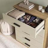 [Oak+Cashmere] Top cashmere drawer of the Oak Cashmere Tall 5 Drawer Chest opened showing stored items.