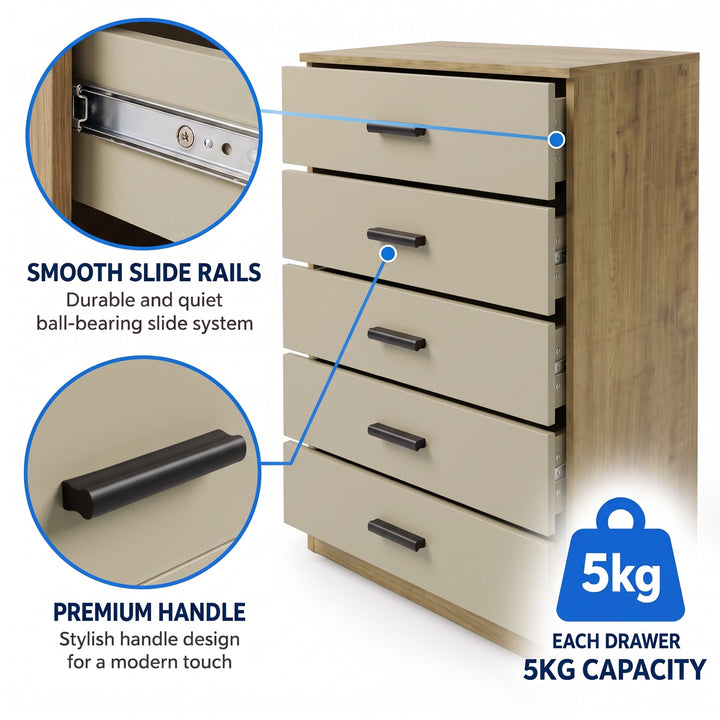 [Oak+Cashmere] Feature graphic illustrating smooth slide rails, handles, and 5kg drawer capacity.