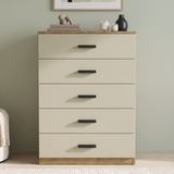 [Oak+Cashmere] Front view of the Oak Cashmere Tall 5 Drawer Chest with cashmere drawers and black handles.