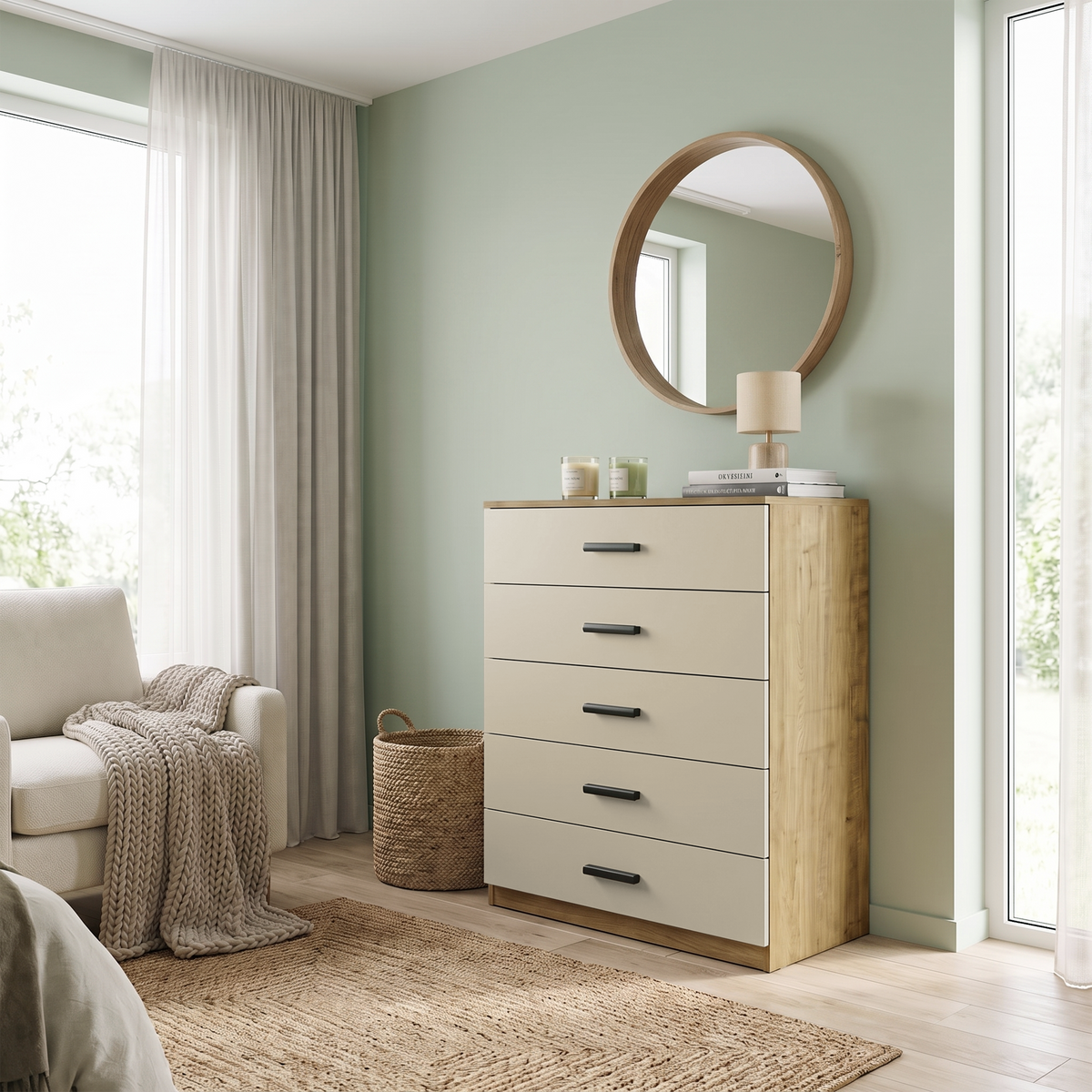 [Oak+Cashmere] Wide lifestyle view of the Oak Cashmere Tall 5 Drawer Chest styled in a modern bedroom.