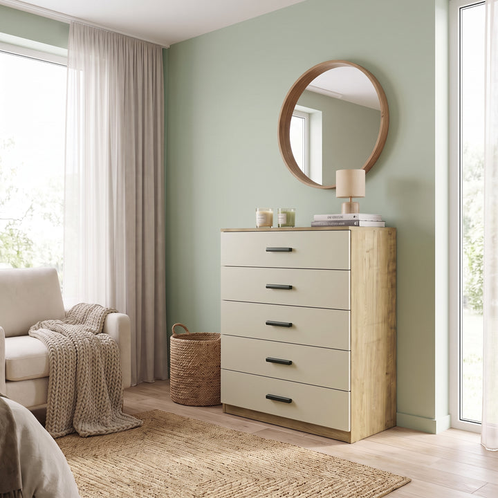 [Oak+Cashmere] Wide lifestyle view of the Oak Cashmere Tall 5 Drawer Chest styled in a modern bedroom.