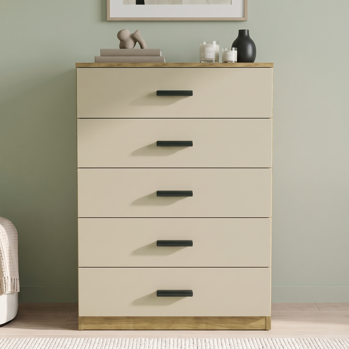 [Oak+Cashmere] Front view of the Oak Cashmere Tall 5 Drawer Chest with cashmere drawers and black handles.