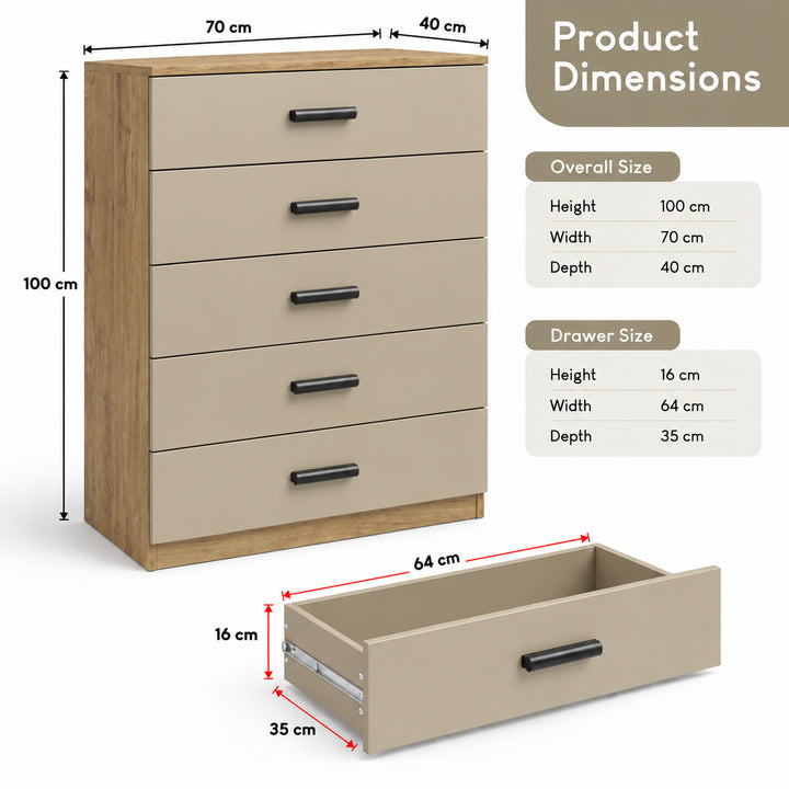 [Oak+Cashmere] Dimensional diagram showing overall and drawer measurements for the Oak Cashmere Chest.
