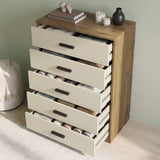 [Oak+Cashmere] High-angle view of the Oak Cashmere Tall 5 Drawer Chest with all five drawers pulled open.