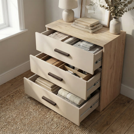 [Oak + Cashmere] chest with drawers extended displaying interior storage compartments and depth