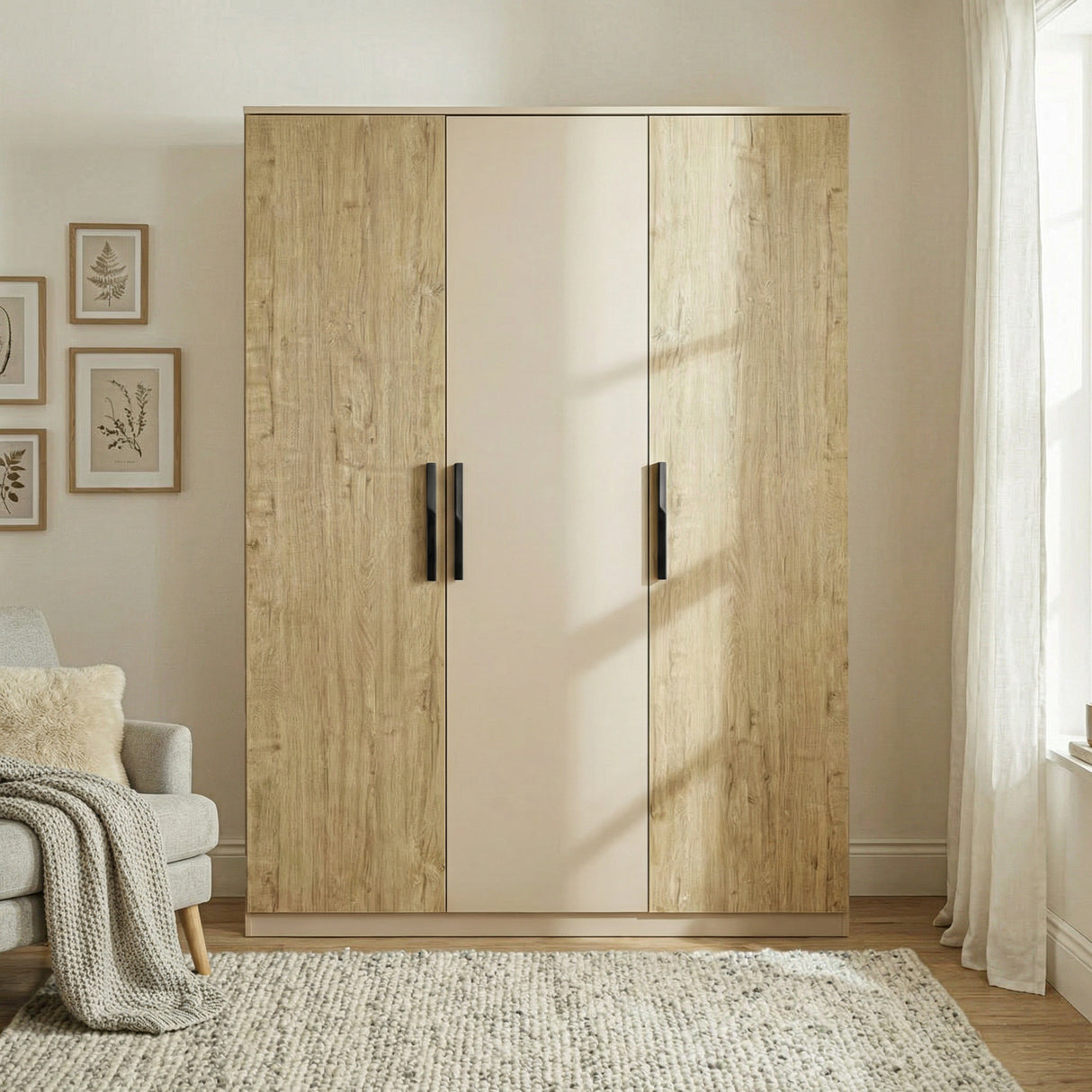 [Oak+Cashmere]  triple door wardrobe front elevation with dual tone finish and vertical black wooden handles