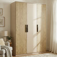[Oak+Cashmere] Blythe wardrobe with two oak outer doors flanking a cream centre door in a lit room