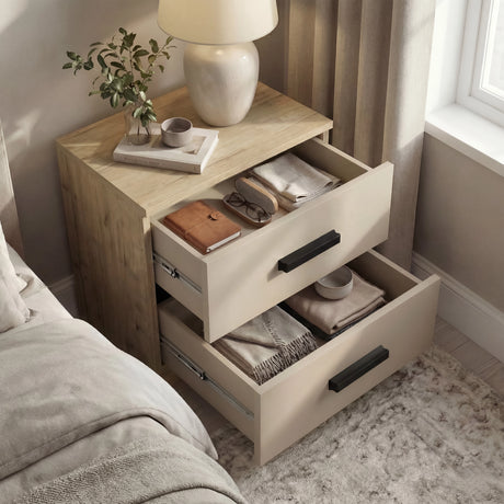Oak cashmere two drawer nightstand with drawers open displaying interior storage compartments