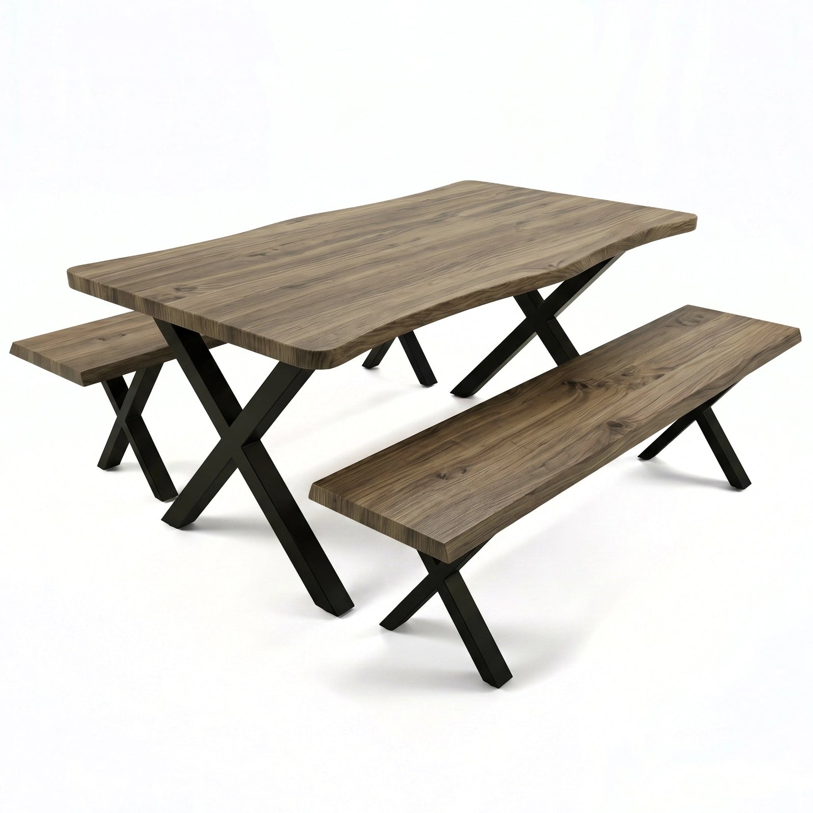 [Oak] Crosswick Industrial 6 Seater Dining Table with Benches three-quarter product shot on white background showing live-edge top and black X-frame legs