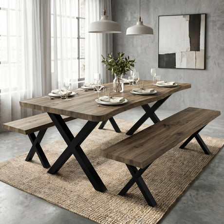 [Oak] Crosswick Industrial 6 Seater Dining Table with Benches laid for dining in industrial concrete room with pendant lights, two benches and jute rug