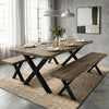 [Oak] Crosswick Industrial 6 Seater Dining Table with Benches laid for dining in industrial concrete room with pendant lights, two benches and jute rug