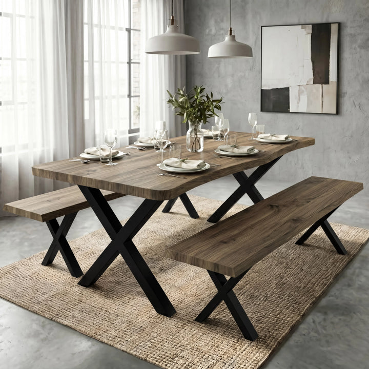 [Oak] Crosswick Industrial 6 Seater Dining Table with Benches laid for dining in industrial concrete room with pendant lights, two benches and jute rug