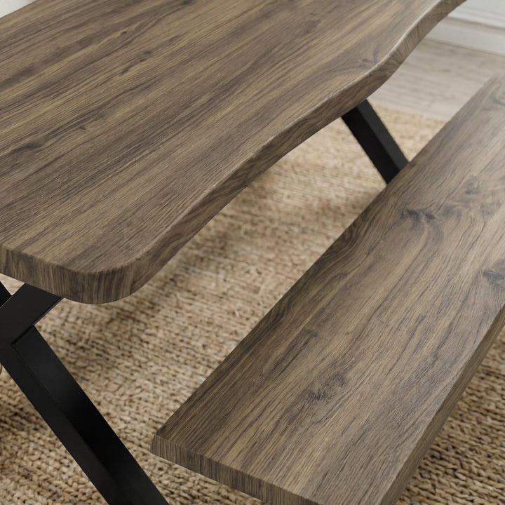 [Oak] Crosswick Industrial 6 Seater Dining Table with Benches close-up detail showing live-edge tabletop surface grain texture alongside matching bench top