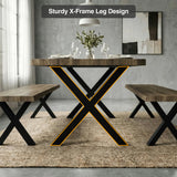 [Oak] Crosswick Industrial 6 Seater Dining Table with Benches infographic highlighting the sturdy black X-frame metal leg design in industrial dining room