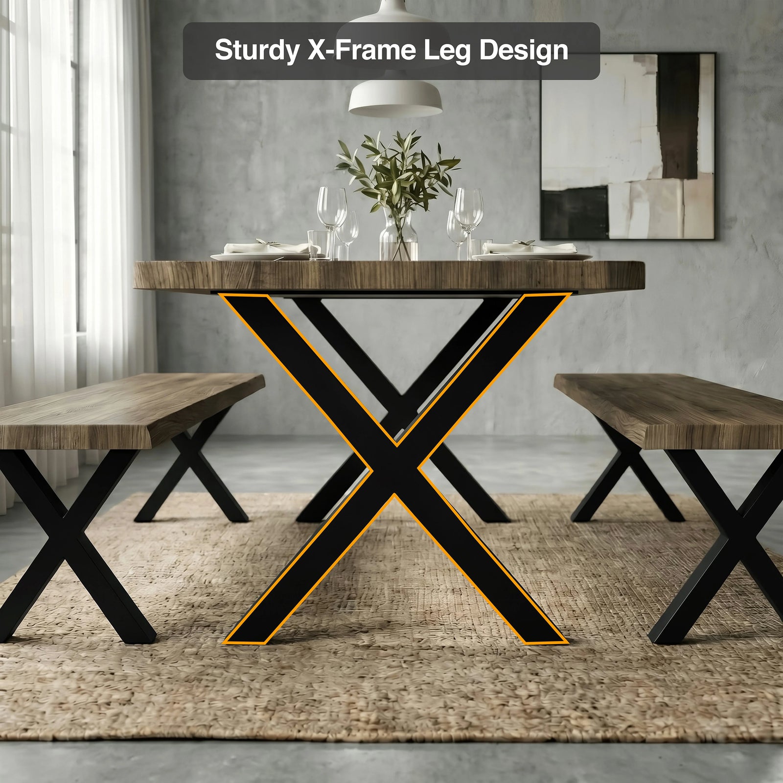 [Oak] Crosswick Industrial 6 Seater Dining Table with Benches infographic highlighting the sturdy black X-frame metal leg design in industrial dining room