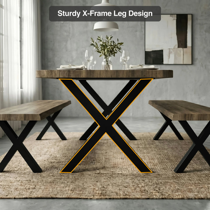 [Oak] Crosswick Industrial 6 Seater Dining Table with Benches infographic highlighting the sturdy black X-frame metal leg design in industrial dining room