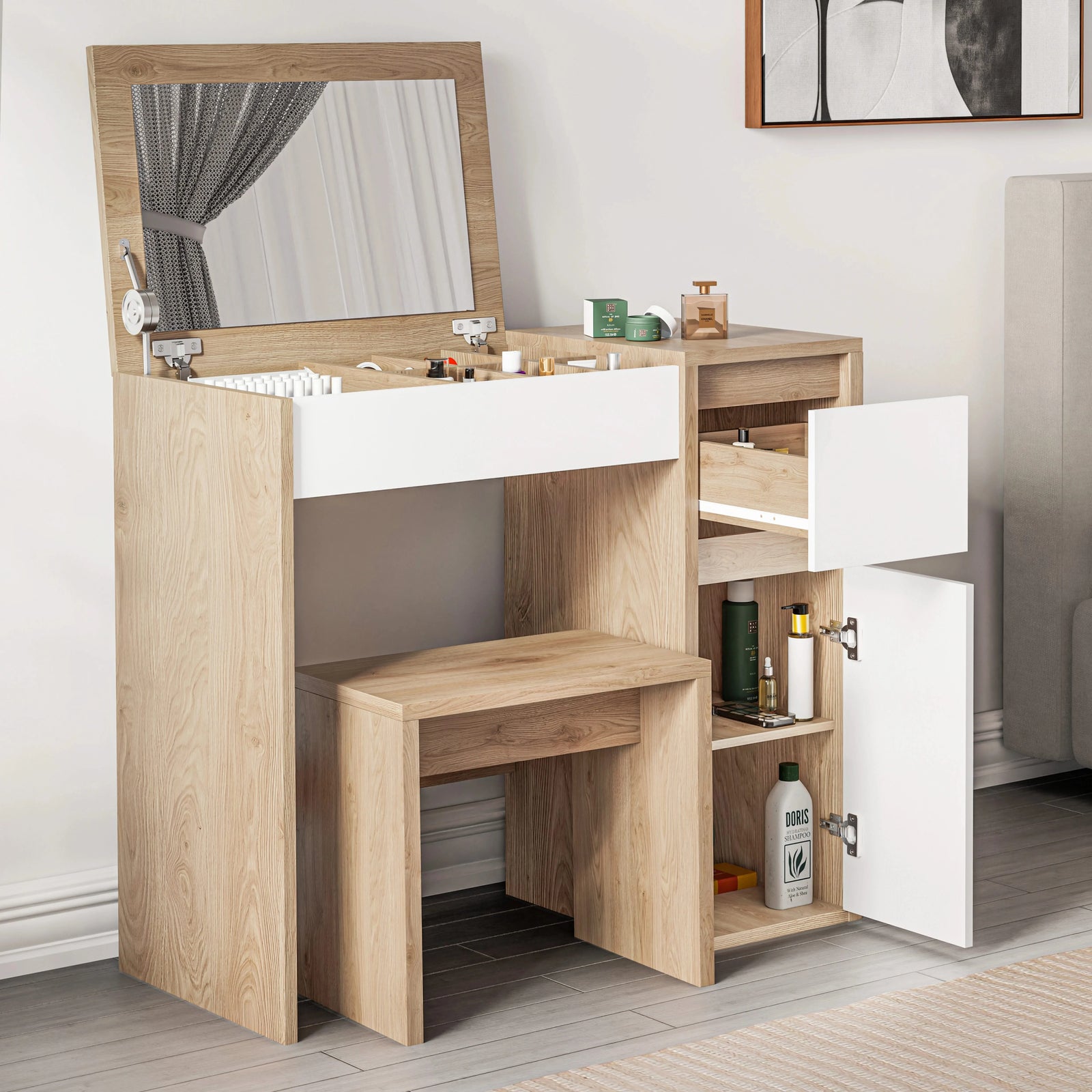 [Oak + White] Makeup dressing table with stool and flip-up mirror featuring organised storage sections in light oak like finish