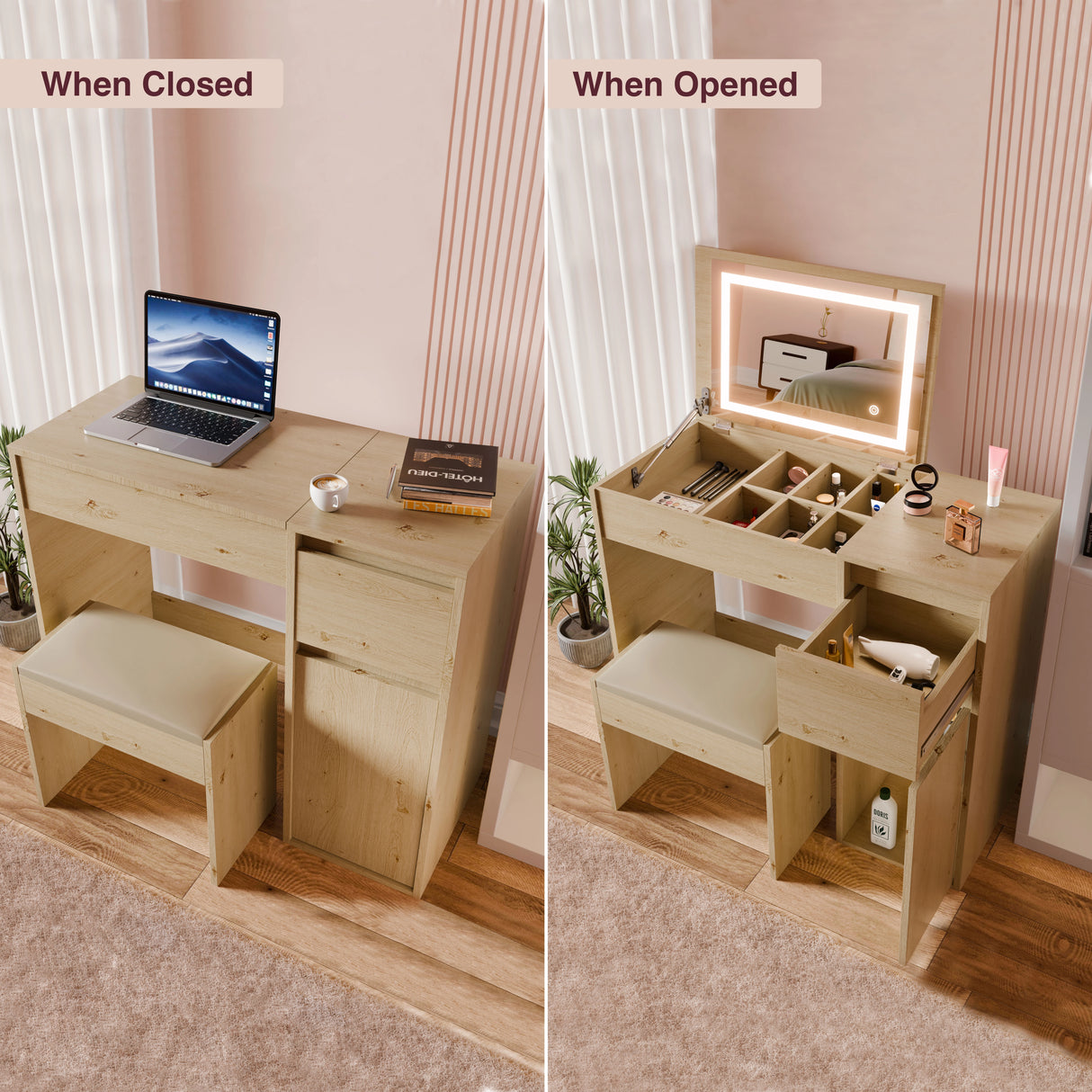 Wooden desk with laptop and stool on one side, and makeup station with mirror and drawers on the other side.