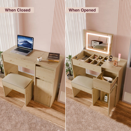 Wooden desk with laptop and stool on one side, and makeup station with mirror and drawers on the other side.