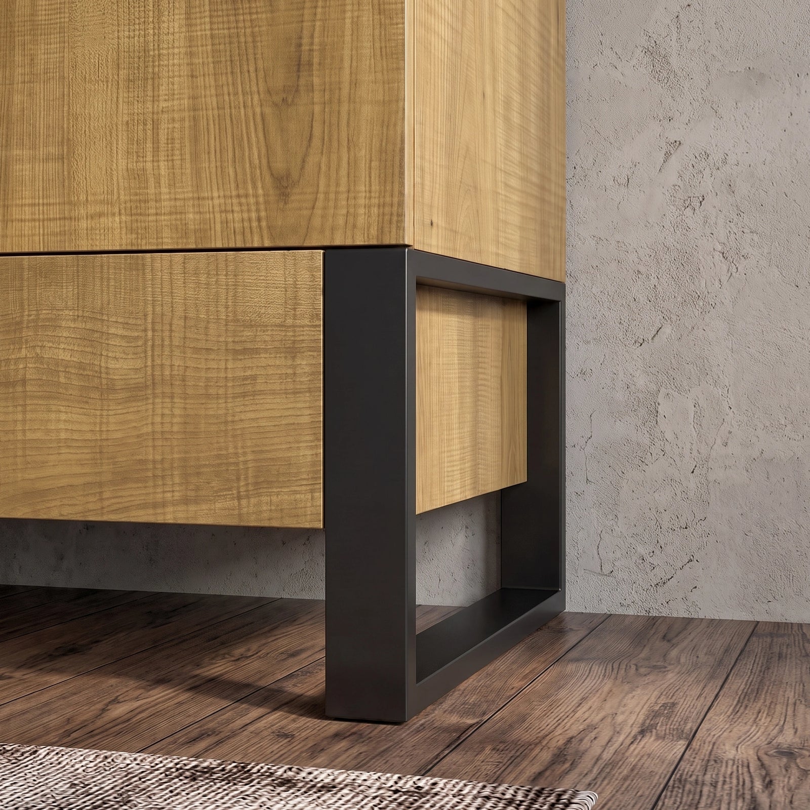 [Oak Effect] 2 door wardrobe side-base detail with black metal support and wood-effect lower panel