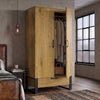 [Oak Effect] wooden wardrobe with a light oak finish and black metal legs, shown open in a bedroom setting next to a bed and window.