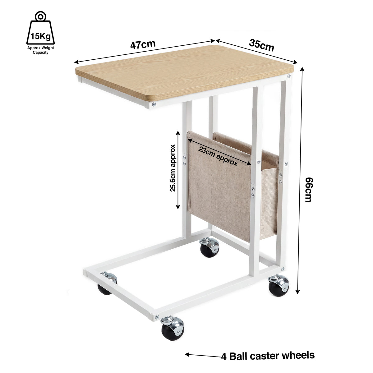 [Oak] dimensions graphic: 47 W x 35D x 66H mm, 15 mm top, 20 mm metal frame, 4 caster wheels