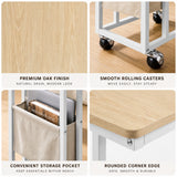 [Oak] feature graphic: tabletop texture, smooth rolling casters, storage pocket and rounded corner edge