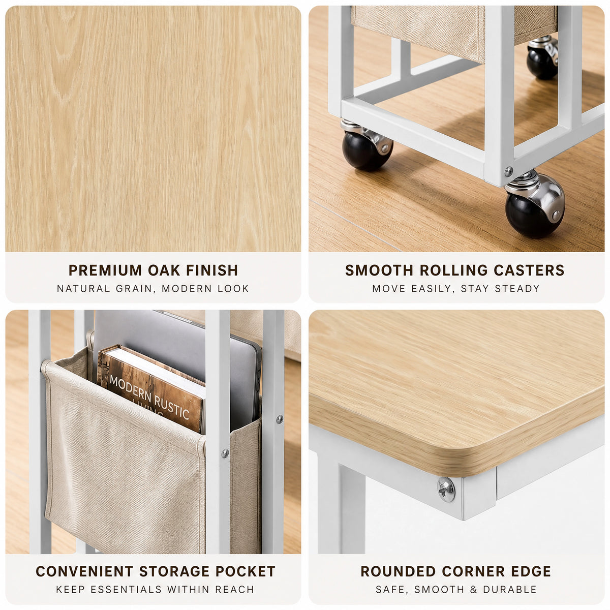 [Oak] feature graphic: tabletop texture, smooth rolling casters, storage pocket and rounded corner edge