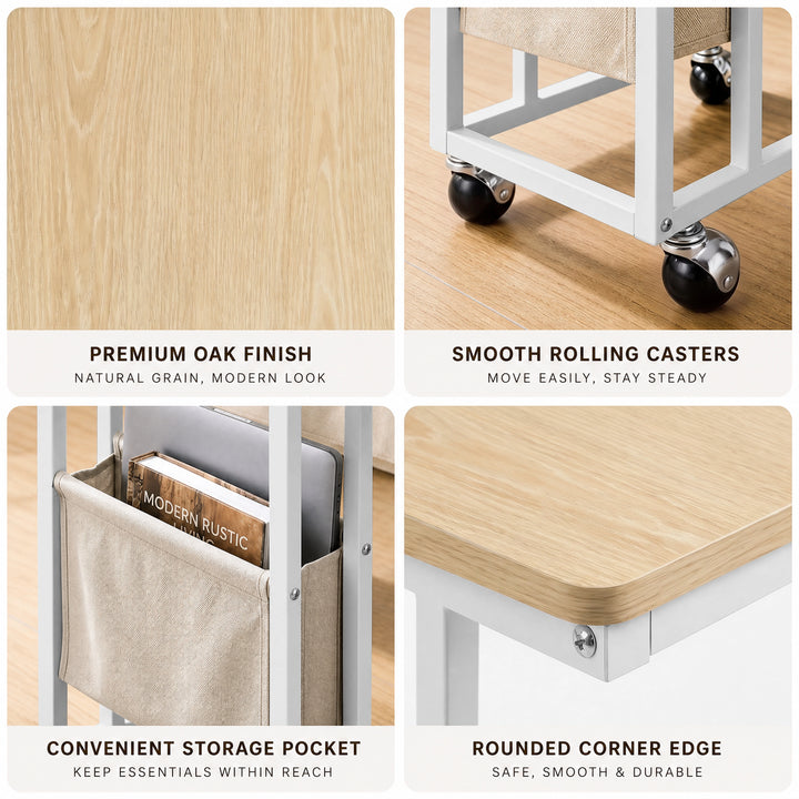 [Oak] feature graphic: tabletop texture, smooth rolling casters, storage pocket and rounded corner edge
