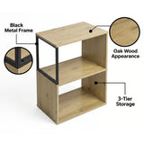 [Oak] This graphic shows the narrow side table's black metal frame outline, three-tier storage and oak wood appearance.