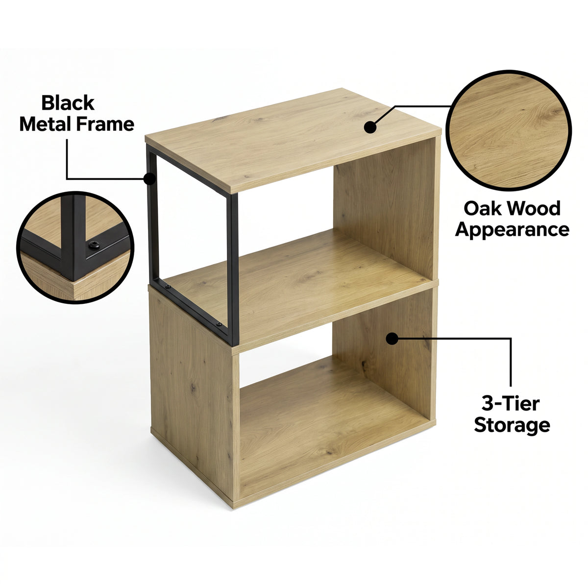 [Oak] This graphic shows the narrow side table's black metal frame outline, three-tier storage and oak wood appearance.