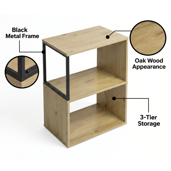 [Oak] This graphic shows the narrow side table's black metal frame outline, three-tier storage and oak wood appearance.