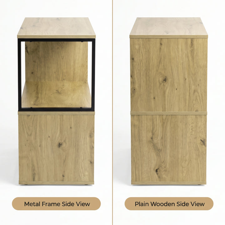 [Oak] This graphic shows the narrow side table from its metal frame side and plain wooden side.