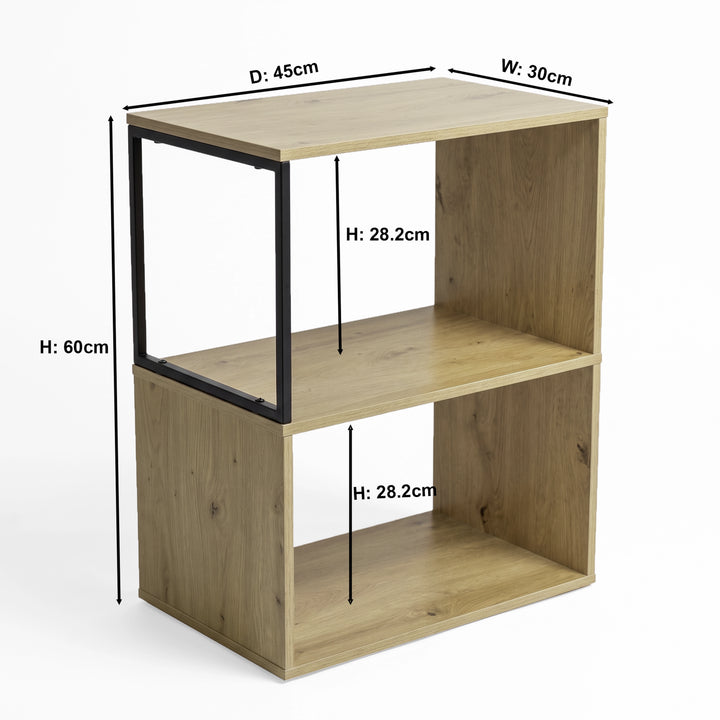 [Oak] This size guide shows the table as 30 cm wide, 45 cm deep and 60 cm high with two 28.2 cm open shelves.