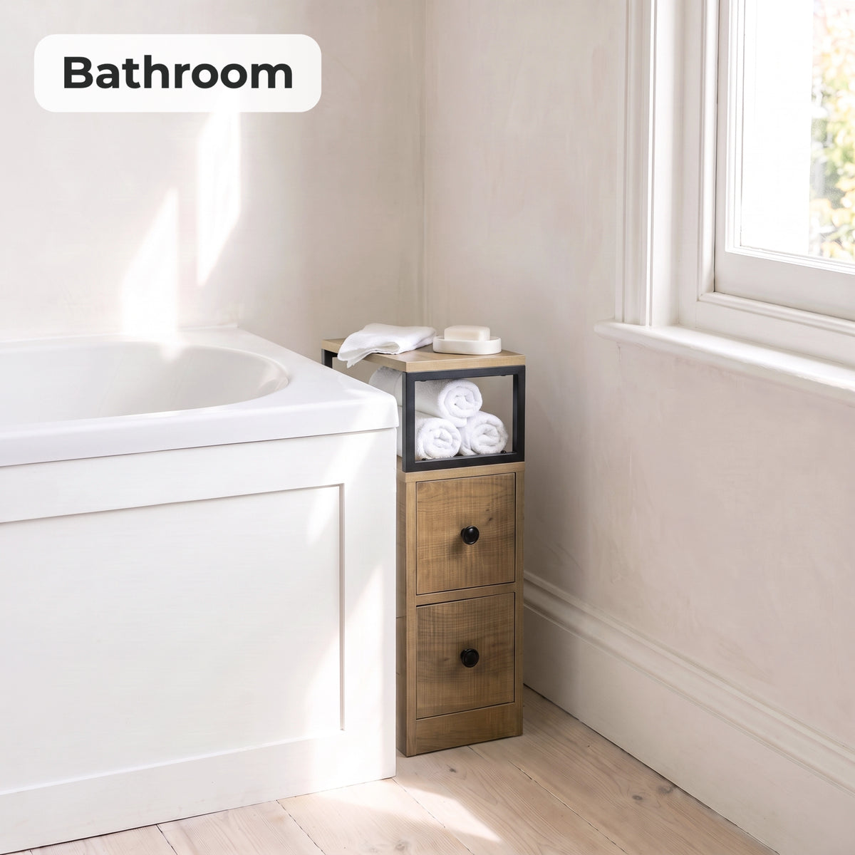 [Oak] Narrow side table with storage beside a bath, holding towels and toiletries