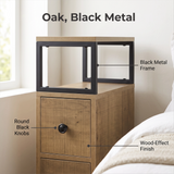 [Oak] Side table finish graphic: Warm Oak, Black Metal; wood-effect panels and round black knobs