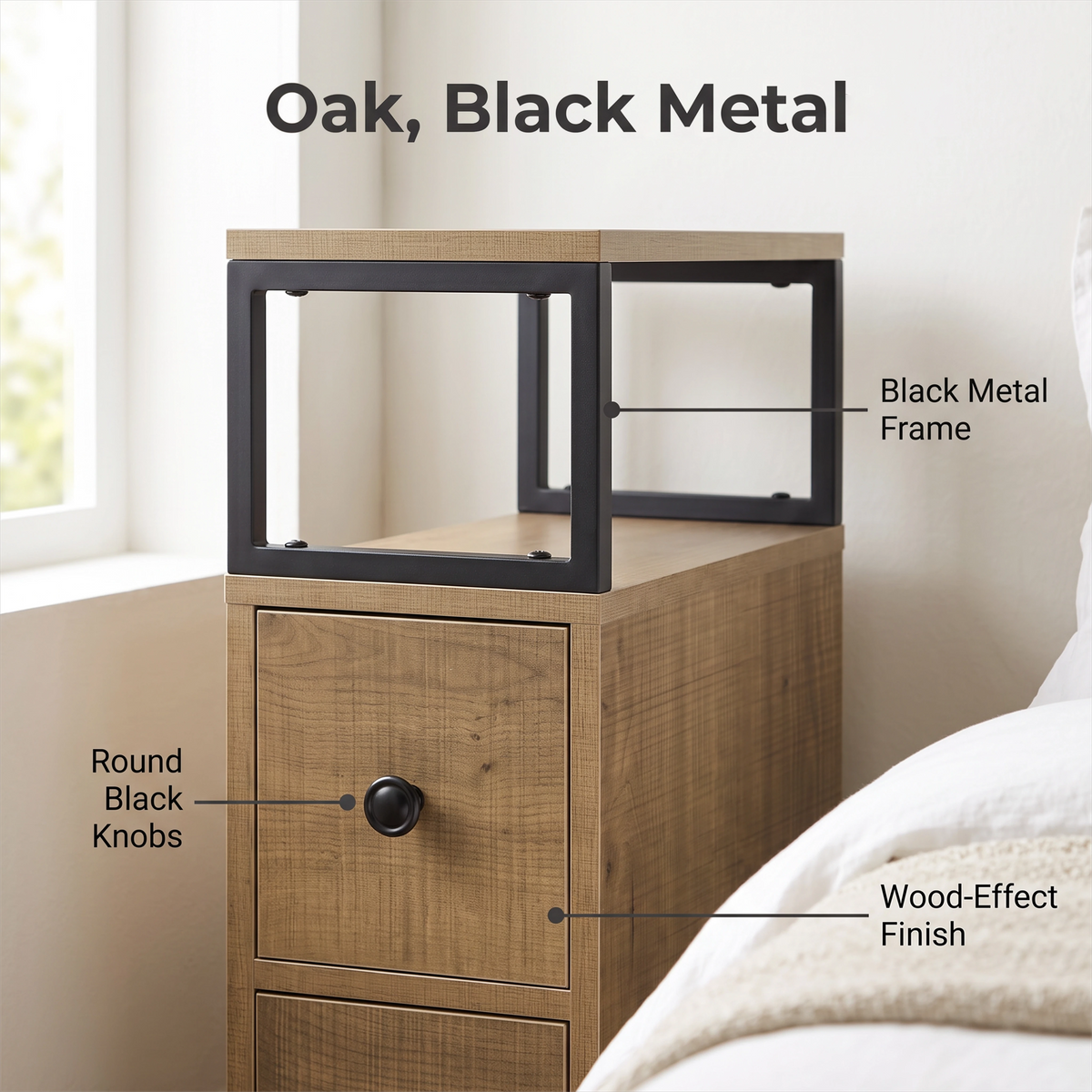 [Oak] Side table finish graphic: Warm Oak, Black Metal; wood-effect panels and round black knobs