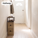 [Oak] Narrow side table with storage in a hallway, with two drawers and an open display shelf