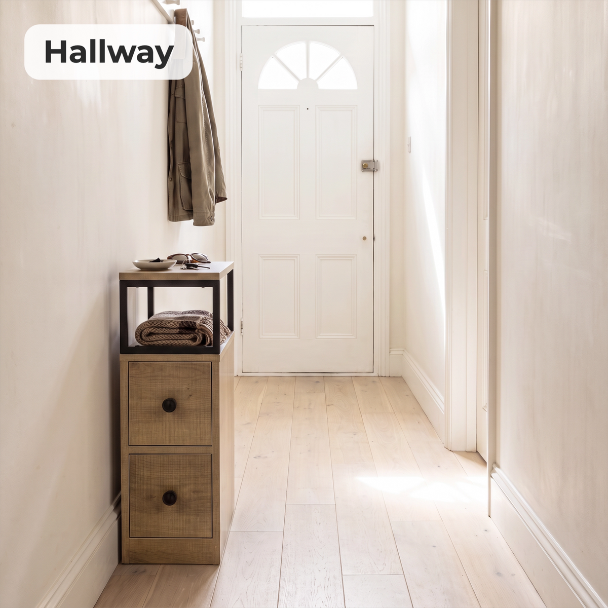 [Oak] Narrow side table with storage in a hallway, with two drawers and an open display shelf