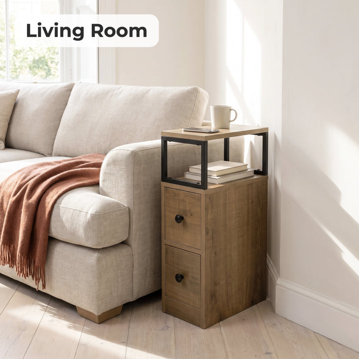 [Oak] Narrow side table with storage beside a sofa, holding a lamp, plant and living room essentials