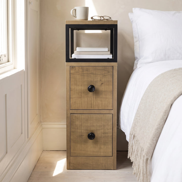 [Oak] Narrow side table with storage, two drawers, open shelf, metal frame and wood-effect top