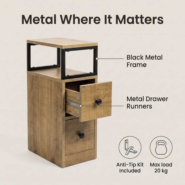 [Oak] Side table graphic: black metal frame, metal drawer runners, anti-tip kit and 20 kg max load
