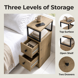 [Oak] Side table graphic: Three Levels of Storage - top surface, open shelf and two drawers