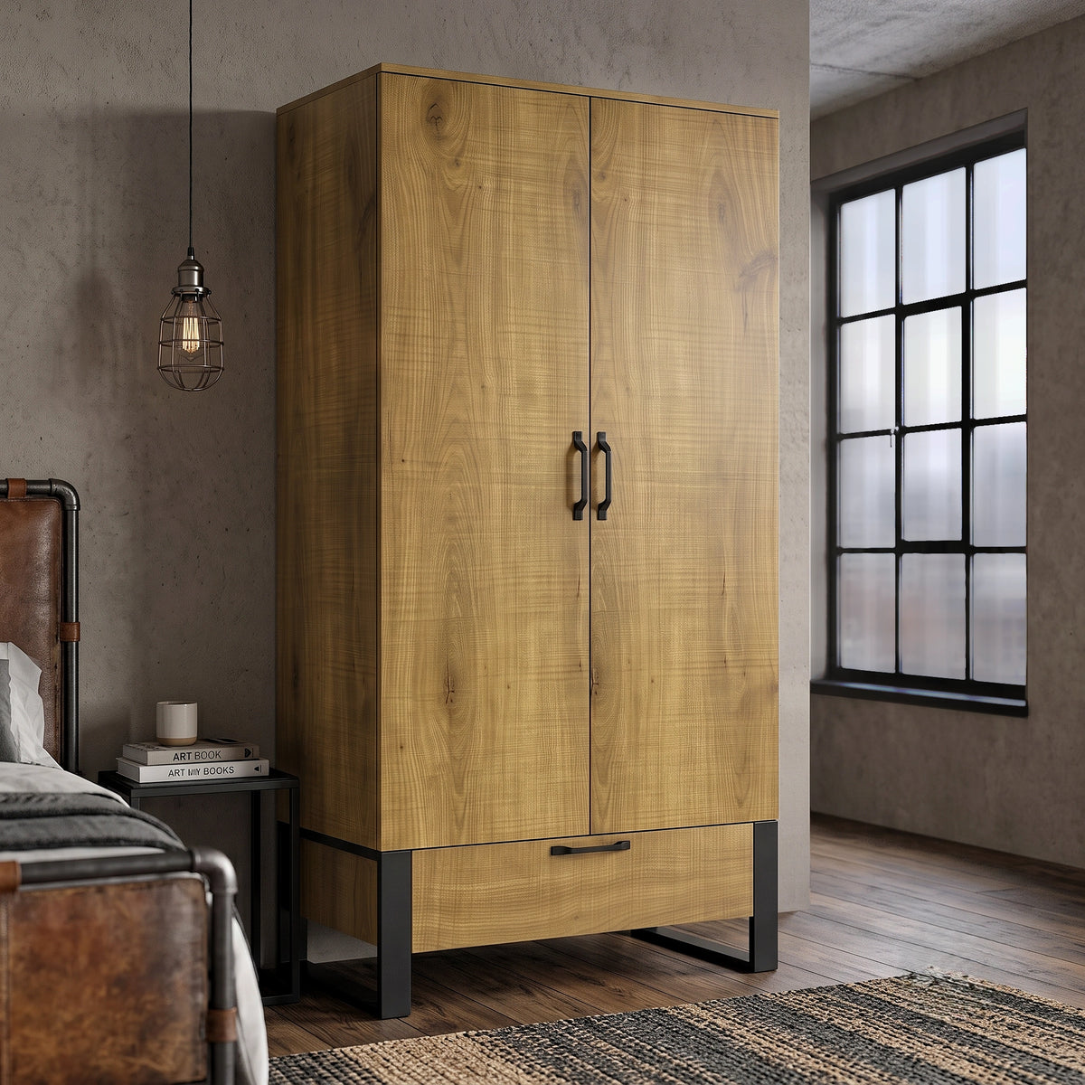 2 Door Industrial Loft Style Wardrobe Drawer Oak Effect Oak Effect