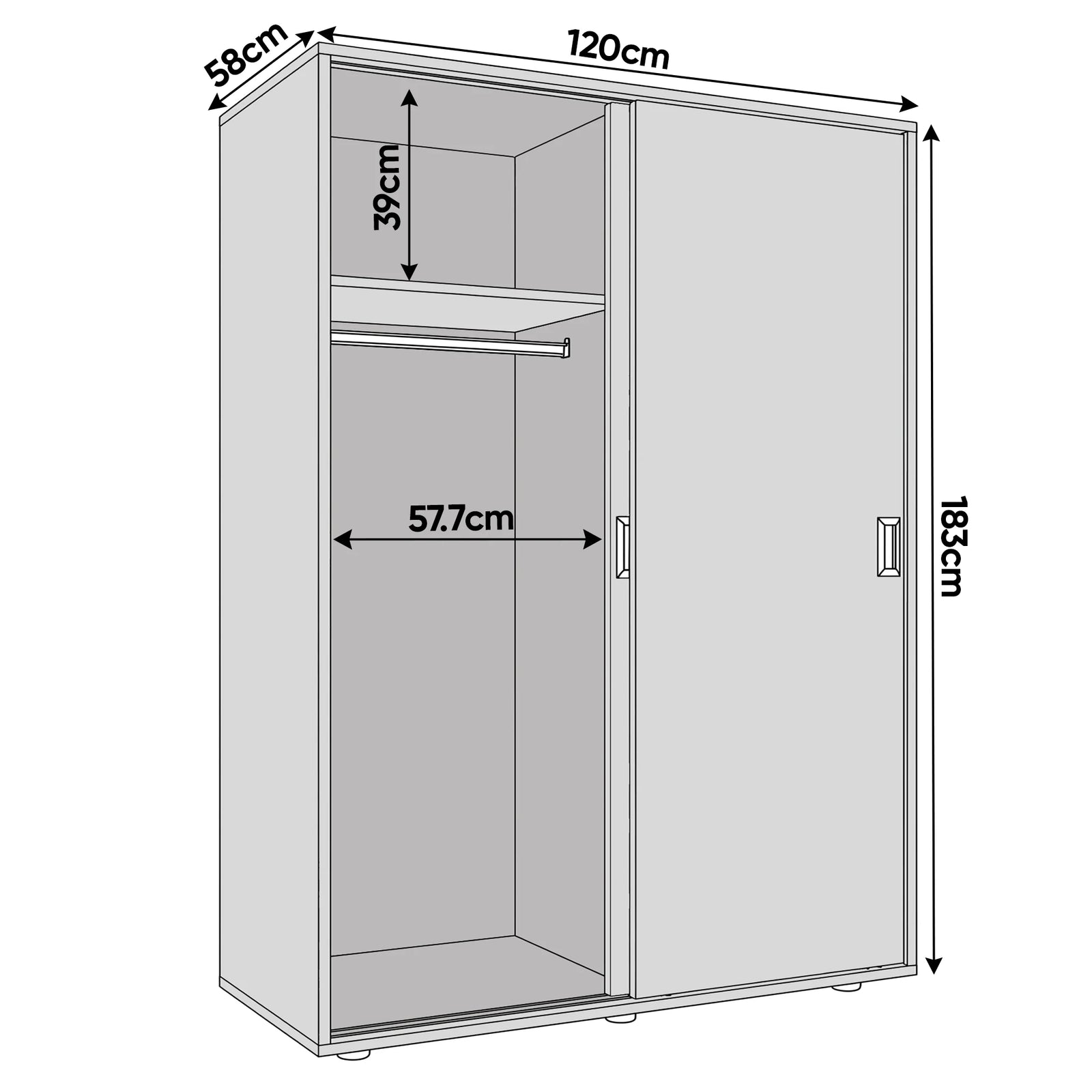 [Oak Effect] Torvek sliding wardrobe dimension diagram showing 120cm width, 183cm height, 58cm depth and 57.7cm rail