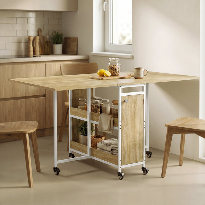 [Oak Effect] Kitchen & Dining Furniture Sets open dining table in a compact kitchen corner with stools and tableware.