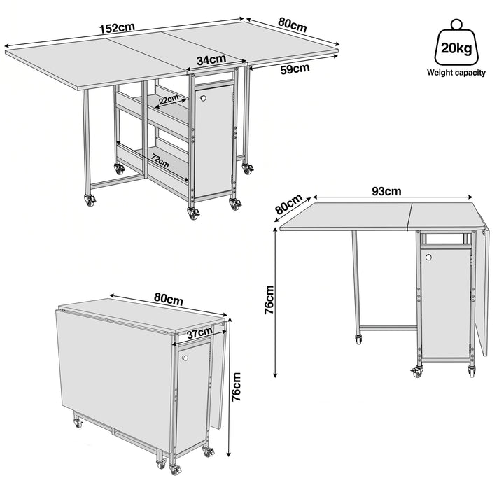 [Oak Effect] Kitchen & Dining Furniture Sets dimension diagram showing 152cm width, 80cm depth, 76cm height, and 20kg weight capacity