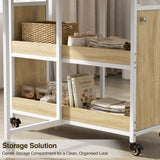 [Oak Effect] Kitchen & Dining Furniture Sets centre storage shelves with basket, jars, cookbook, and folded linens.